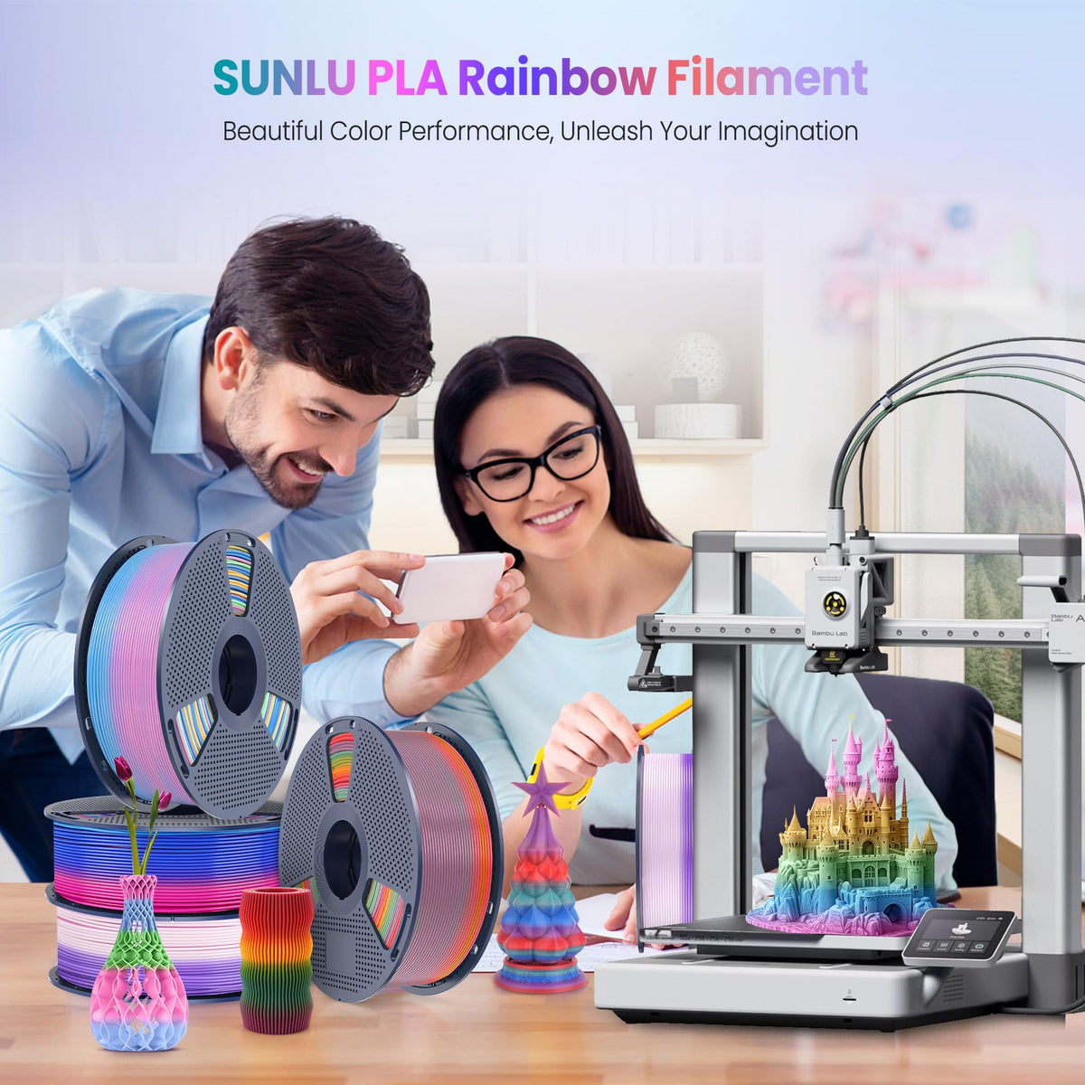 SUNLU 4KG Silk 2.0 PLA Filament 1.75, Gold+Silver+Titanium Steel+Copper Red