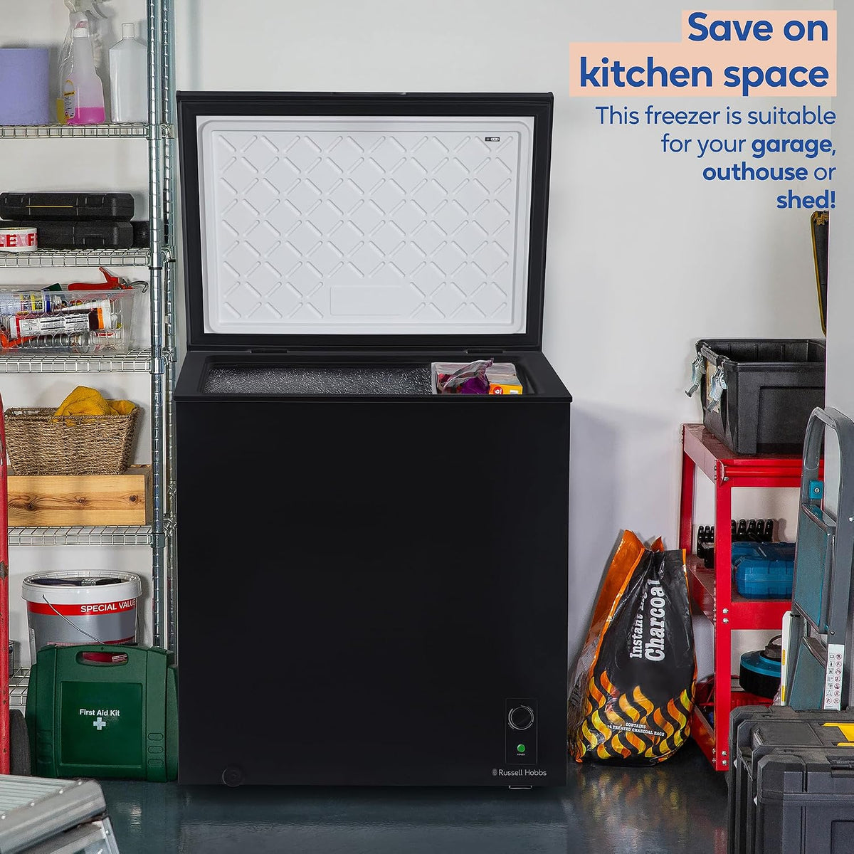 Russell Hobbs White Chest Freezer 143L Freestanding, Adjustable Thermostat, Chill or Freeze Function, 4 Star Freezer Rating & Suitable for Outbuildings & Garages RH142CF0E1W