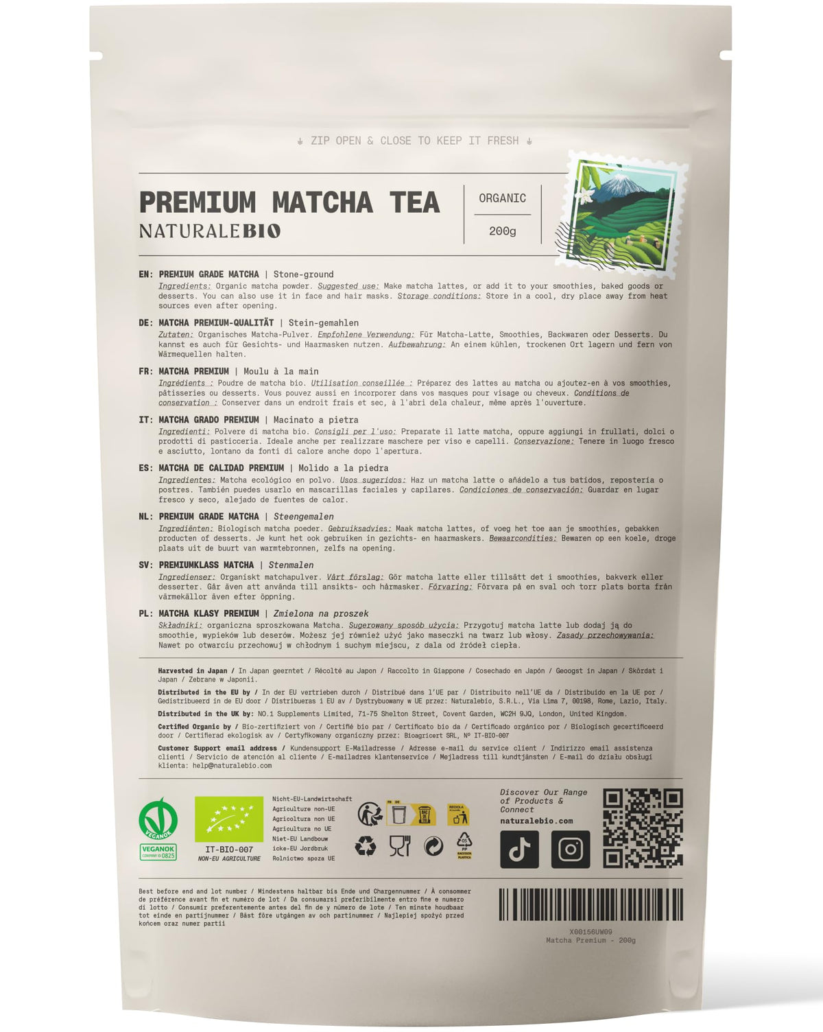 NaturaleBio Organic Premium Grade Japanese Matcha Powder L-Theanine