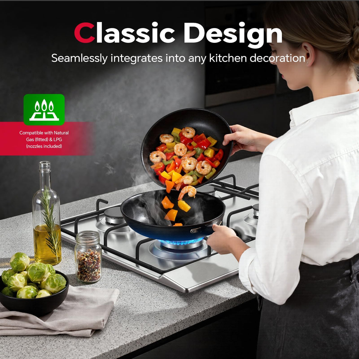 SNDOAS Gas Hob 4 Burners, NG/LPG Convertible, Built-in Black Glass Gas Hob with Wok Burner, Flame Failure Protection, 8000W, YYUKGCT-B04