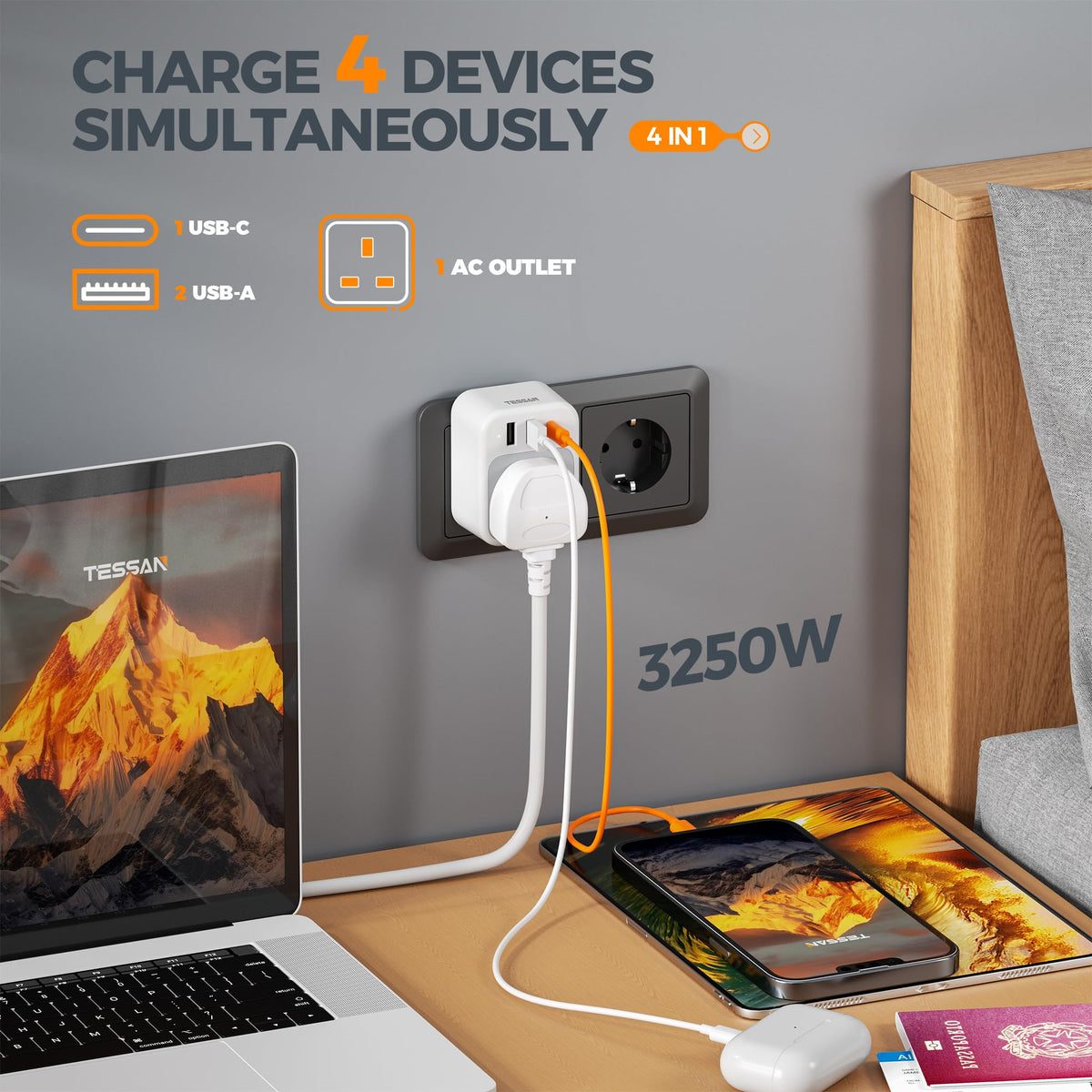 TESSAN UK to South Africa Plug Adapter, Type M Travel Adaptor with USB C