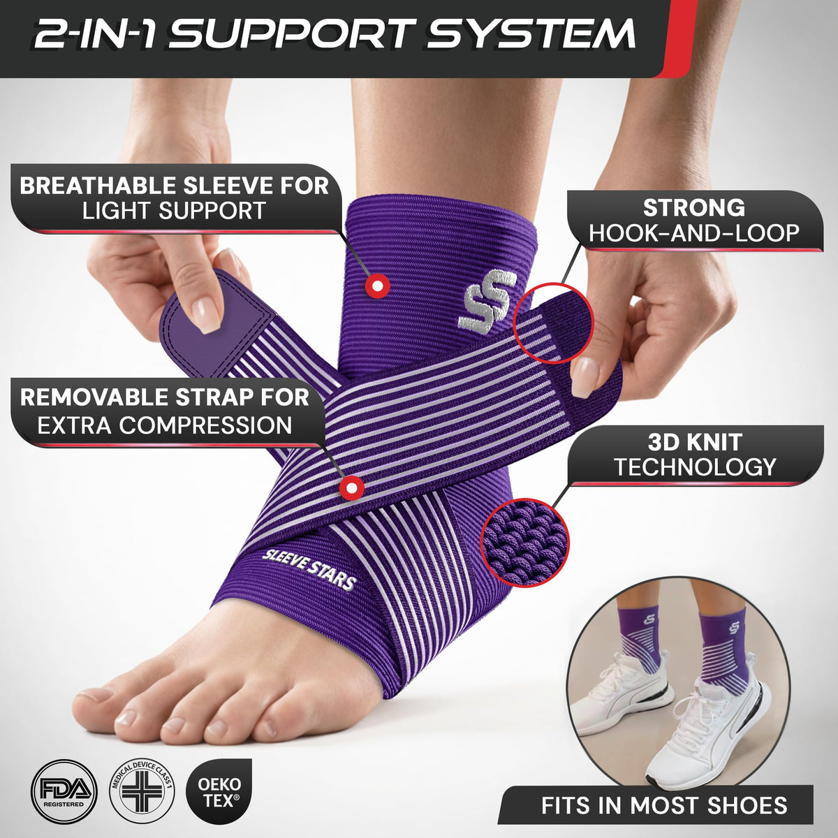 Sleeve Stars Ankle Brace Men & Women Support (Single/L:12"-13"/Black)