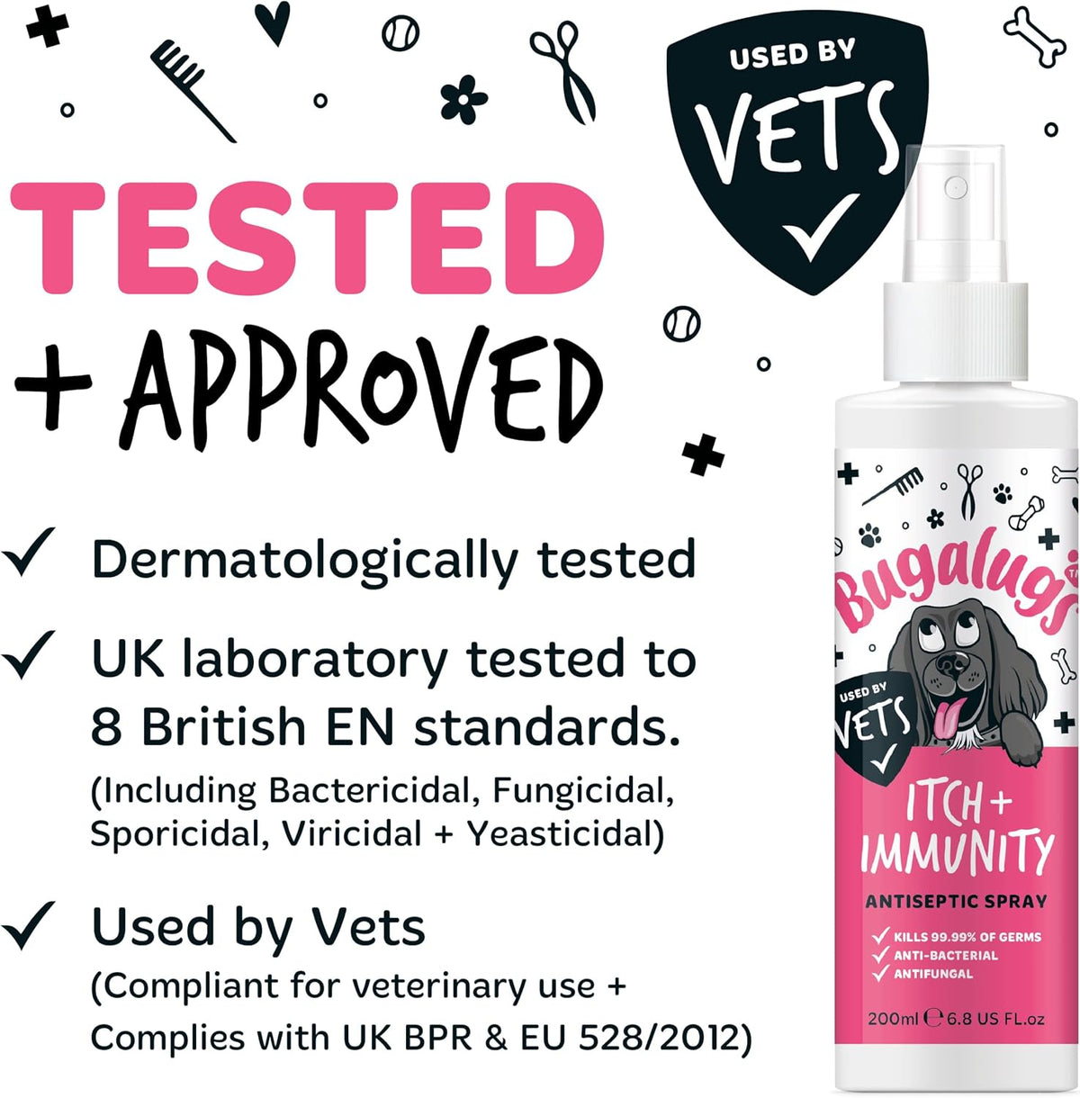 BUGALUGS Itch & Immunity Antiseptic Spray – Helps Soothe Itchy Skin, Paws, Ears - Licking, Scratching - Perfect for Small, Medium & Large Dogs