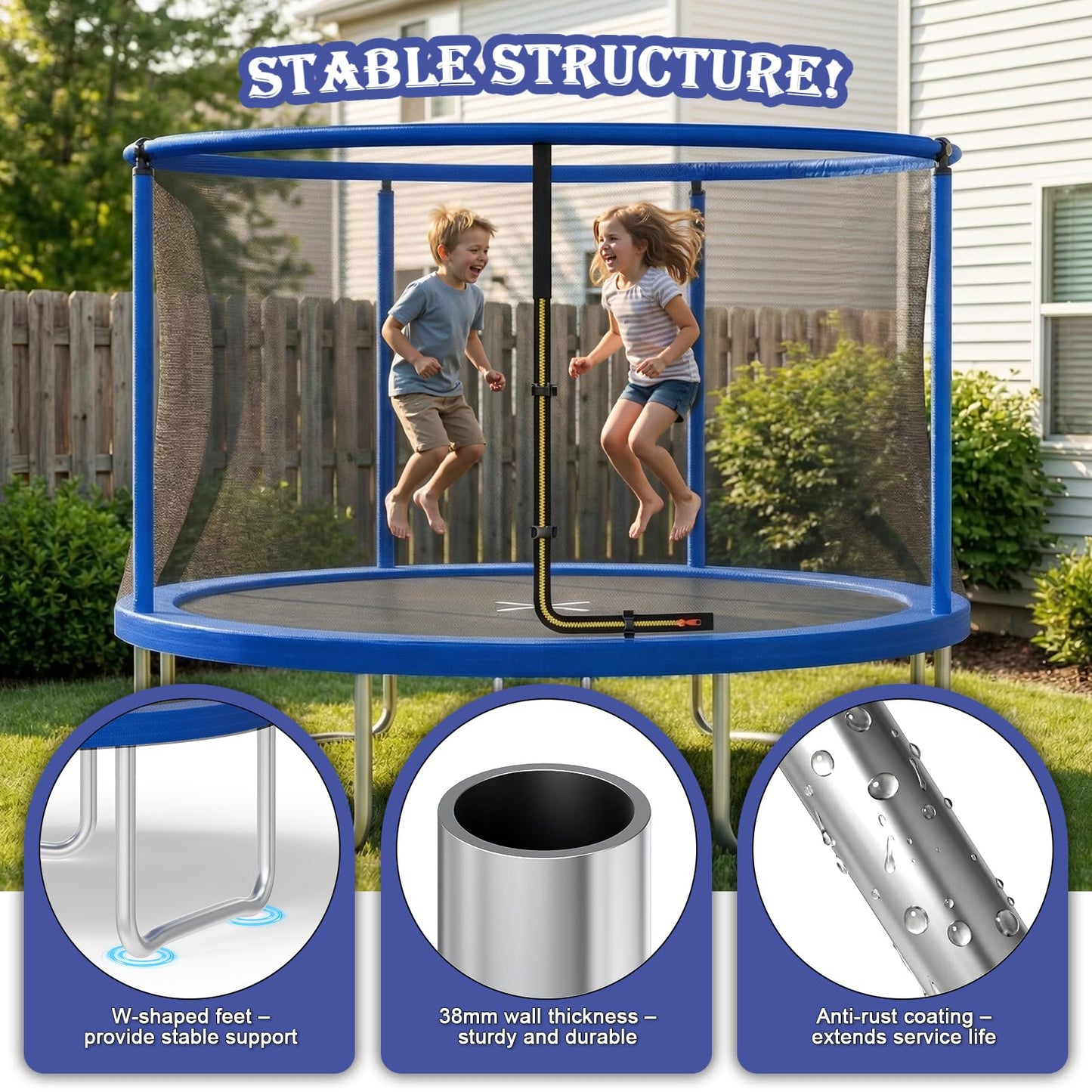 JUMMICO 12ft Outdoor Garden Trampoline with Safety Enclosure Net — 36 Galvanised Springs