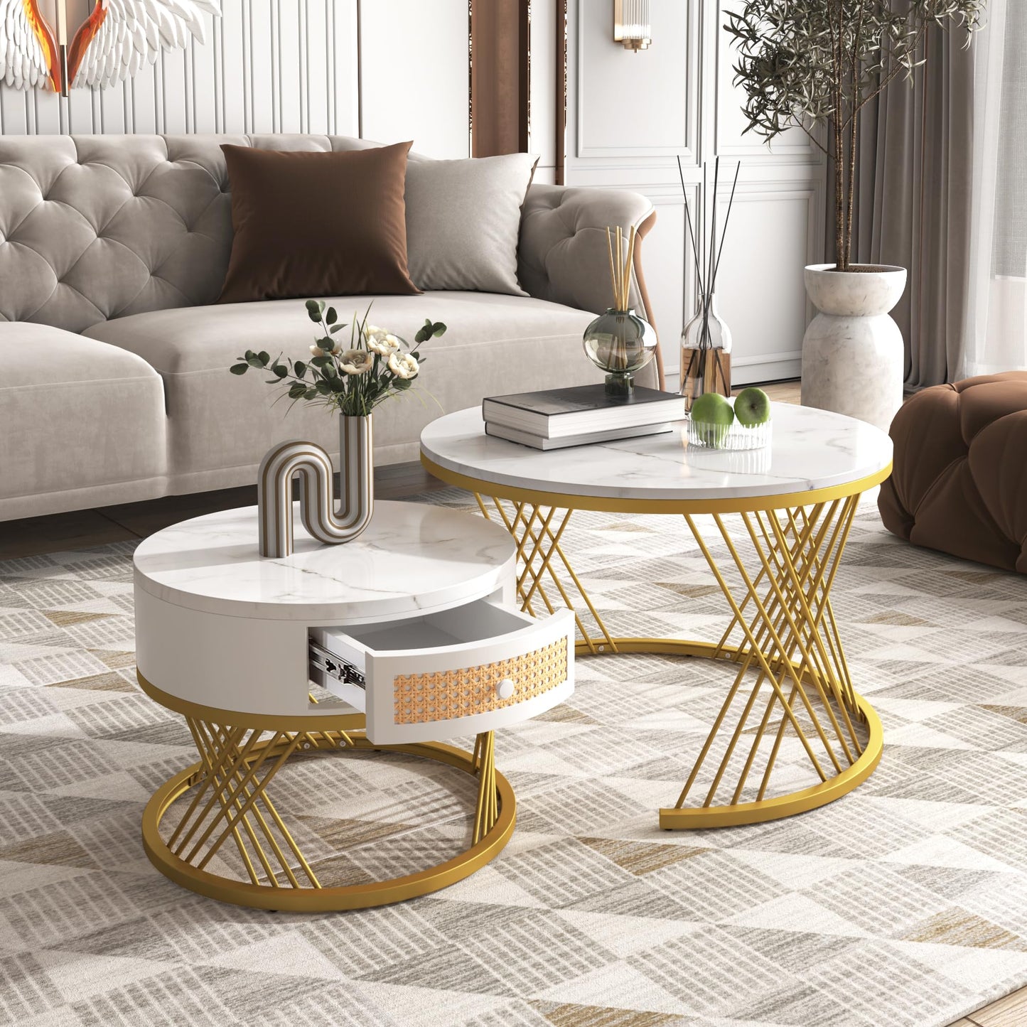 ModernLuxe 2-in-1 Coffee Table, Multi-functional Side Table with Marble Grain Veneer Top, Rattan Drawers, Solid Wood Handles, Gold Coloured Iron Legs, Round Nest of Tables for Living Room, Black