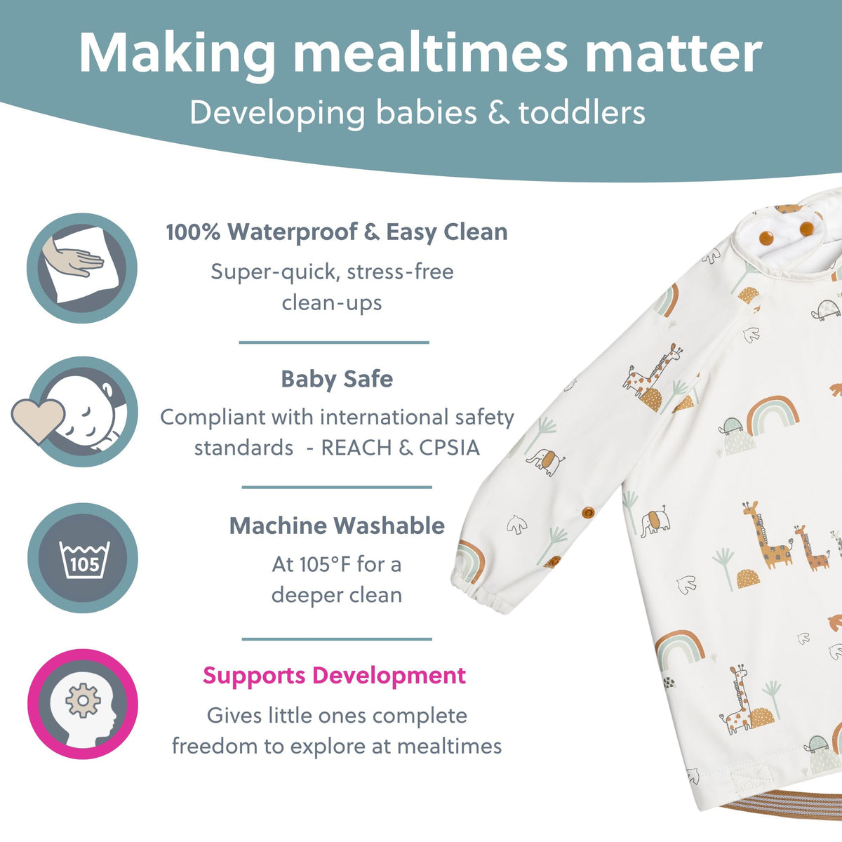 BIBaDO Long Sleeve Baby Bibs - Coverall Weaning Bib with Highchair Strap