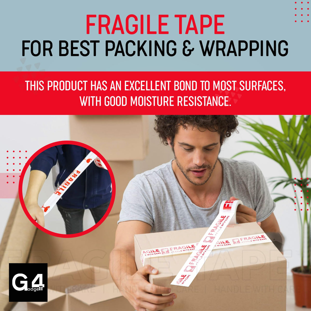 G4GADGET Pack of 3 Clear Packing Tape - Heavy Duty Transparent Tape 48mm x 66m - Ideal for Moving, Packing Boxes, and Secure Packaging