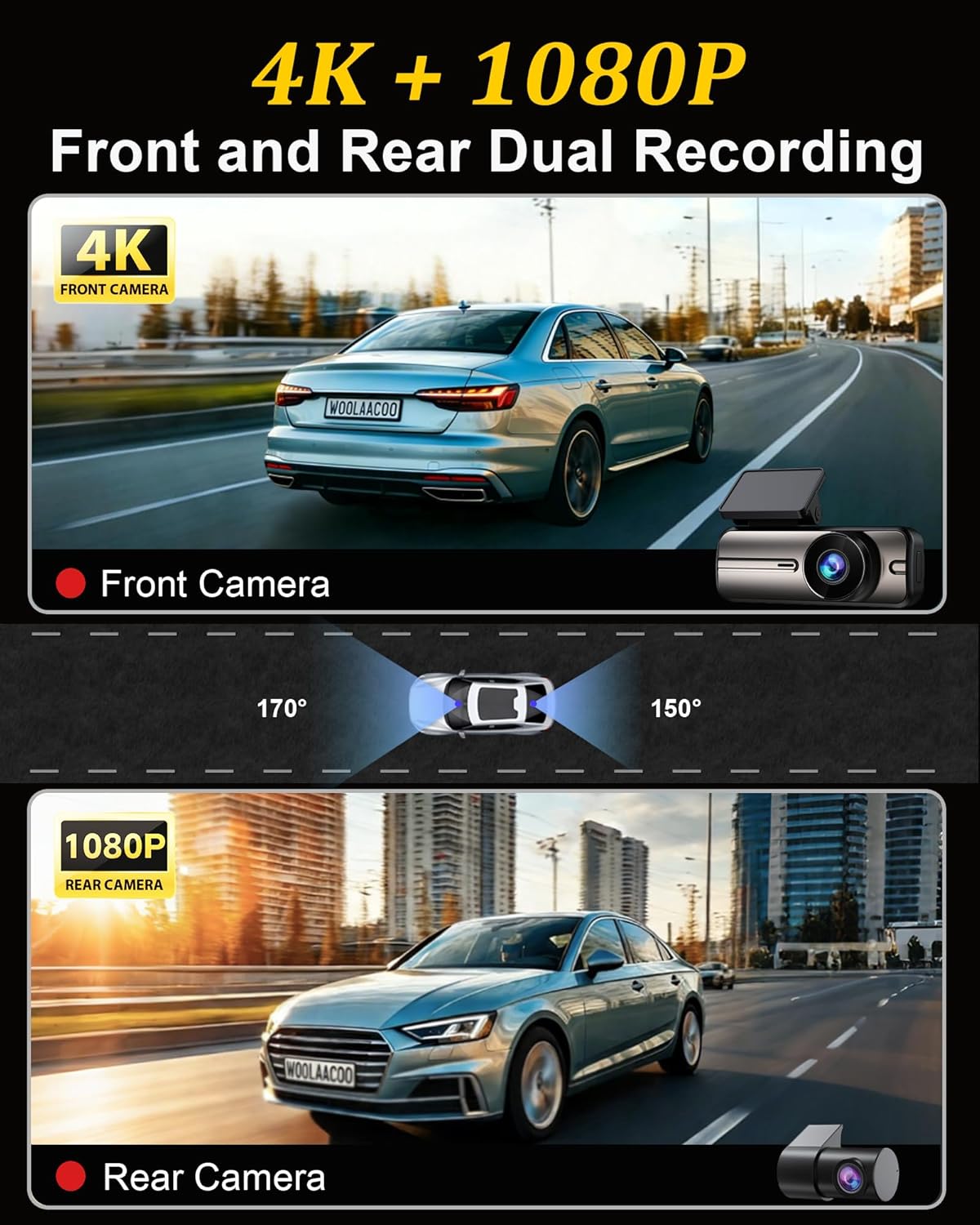 Dash Cam Front and Rear 4K 1080P, 64GB Card Included, 24H Parking Mode