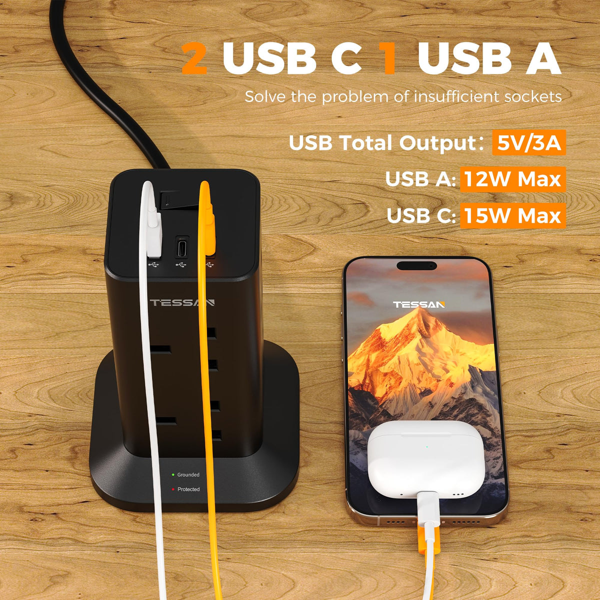TESSAN Tower Extension Lead with USB C Slots