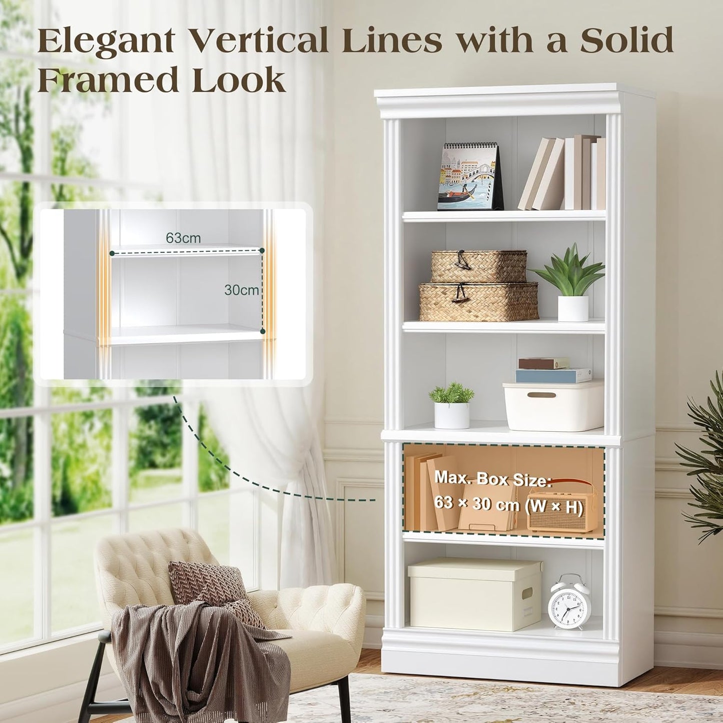 LUXOAK Bookcase, 5-Tier 181cm Tall Book Shelf with Vertical Line Frame, Slim Freestanding Storage Shelf, Anti-Tip Safety Kit, Space-Saving for Living Room, Bedroom, Study & Office,72 x 29 x 181 cm