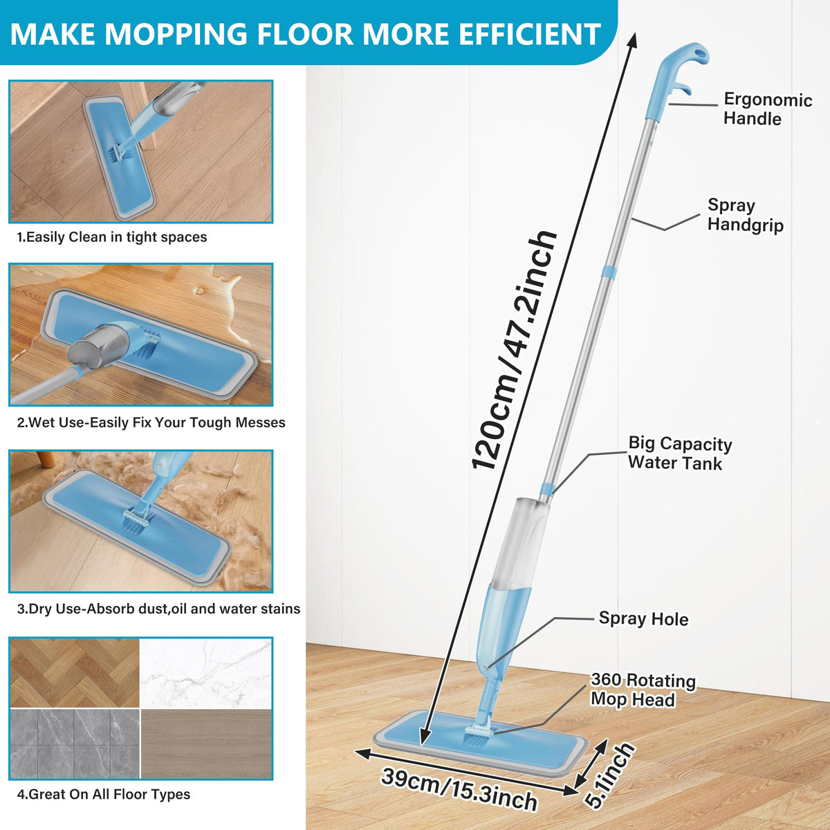 Spray Mop with 3 Washable Pads for Cleaning Floors: Microfibre Floor Mop