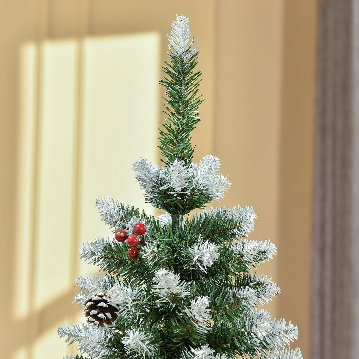 HOMCOM 5FT Artificial Christmas Tree Xmas Pencil Tree Red Berries Green