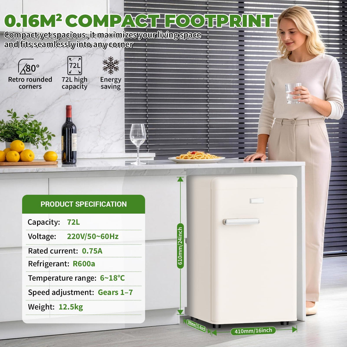 LIKEEM Retro Mini Fridge 72L, 43dB Quiet, Vintage LED Cooler, 7 Temp
