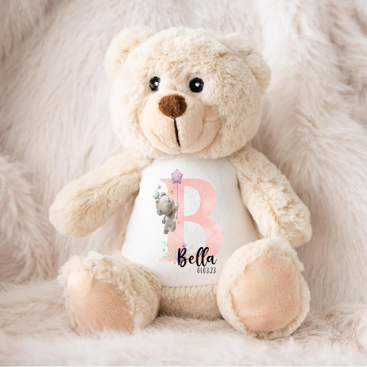 Crafted Memories - Personalised Teddy | Velveteen Bunny Soft Toy | Customisable Name for Newborns | Keepsake for Boys & Girls | Baby Shower Item | Pink Initial | Grey or White, 20-23cm