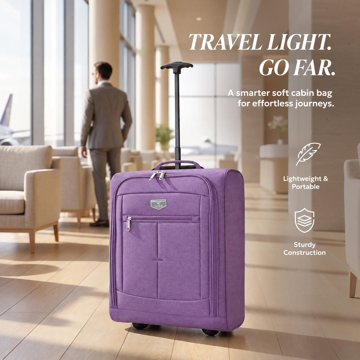 LUGG Lightweight Cabin Luggage, 600D Polyester, Solid Wheels, 45x36x20cm