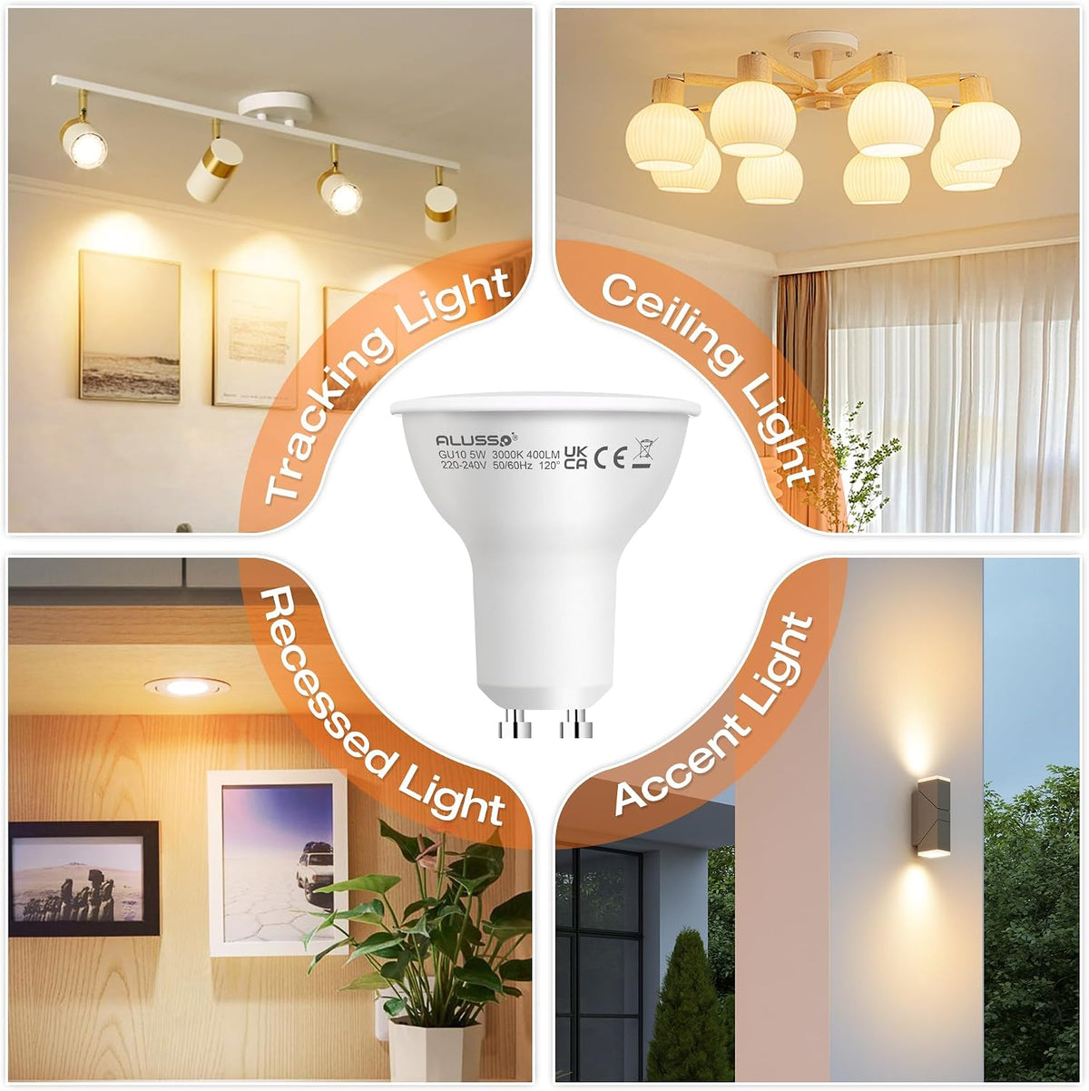 ALUSSO 5W GU10 LED Bulbs Warm White 3000K, 400LM Brightness Pack of 4