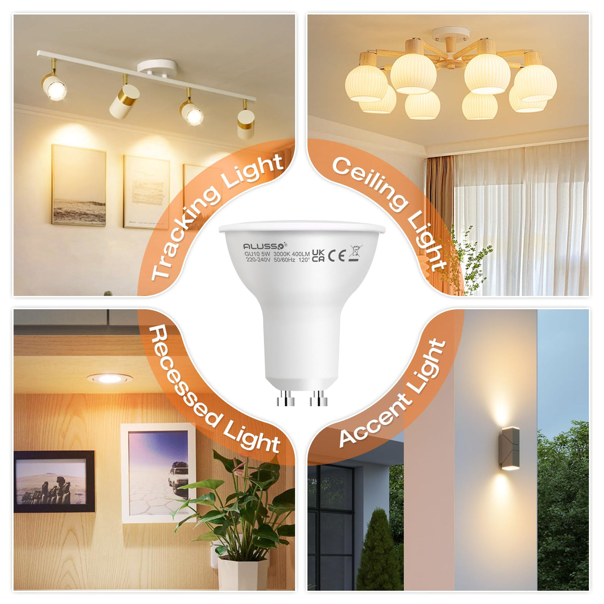 ALUSSO 5W GU10 LED Bulbs Warm White 3000K, 400LM Brightness Pack of 4