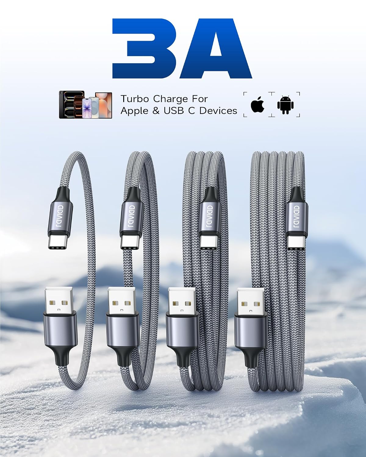 RAVIAD USB C Charger Cable [4Pack 0.5M+1M+2M+3M] USB to USB C Cable 3A Fast