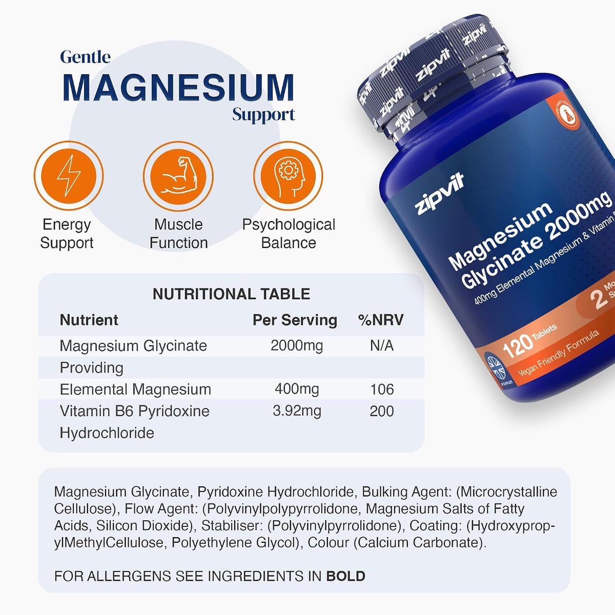Zipvit Magnesium Glycinate 2000mg with Vitamin B6, 120 Tablets - Vegan