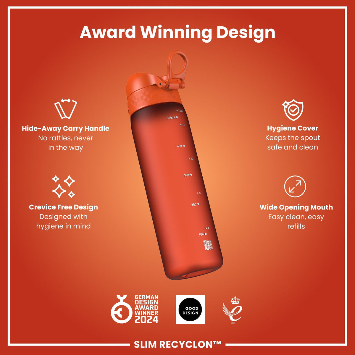 Ion8 Water Bottle, 500 ml/18 oz, Leak Proof, Easy to Open, Secure Lock, Dishwasher Safe, Hygienic Flip Cover, Carry Handle, Fits Cup Holders, Easy Clean, Hot Pink