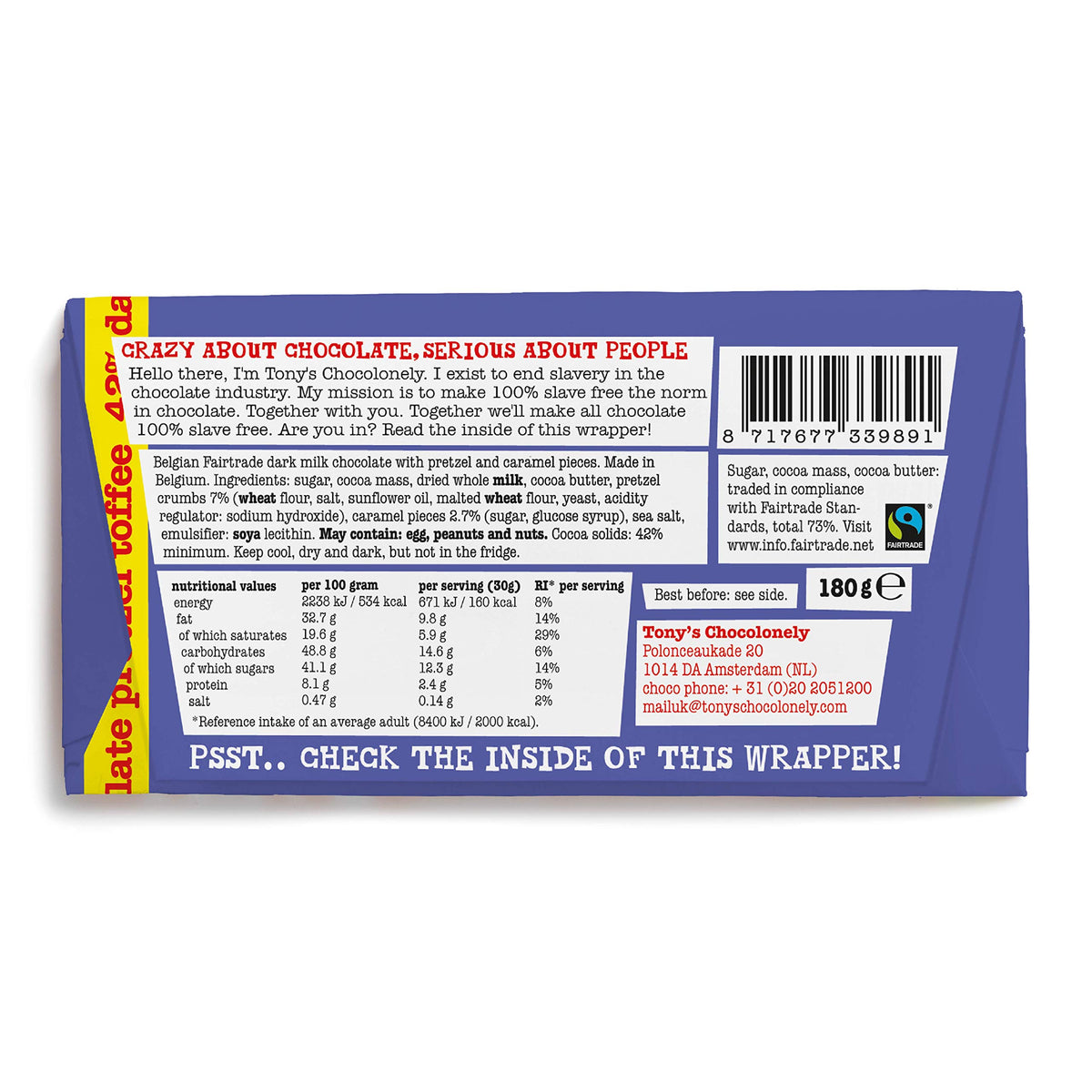 Tony's Chocolonely Milk Chocolate Bar - 180g Belgian Fairtrade Chocolate, Gift, 32% Cocoa, Vegetarian