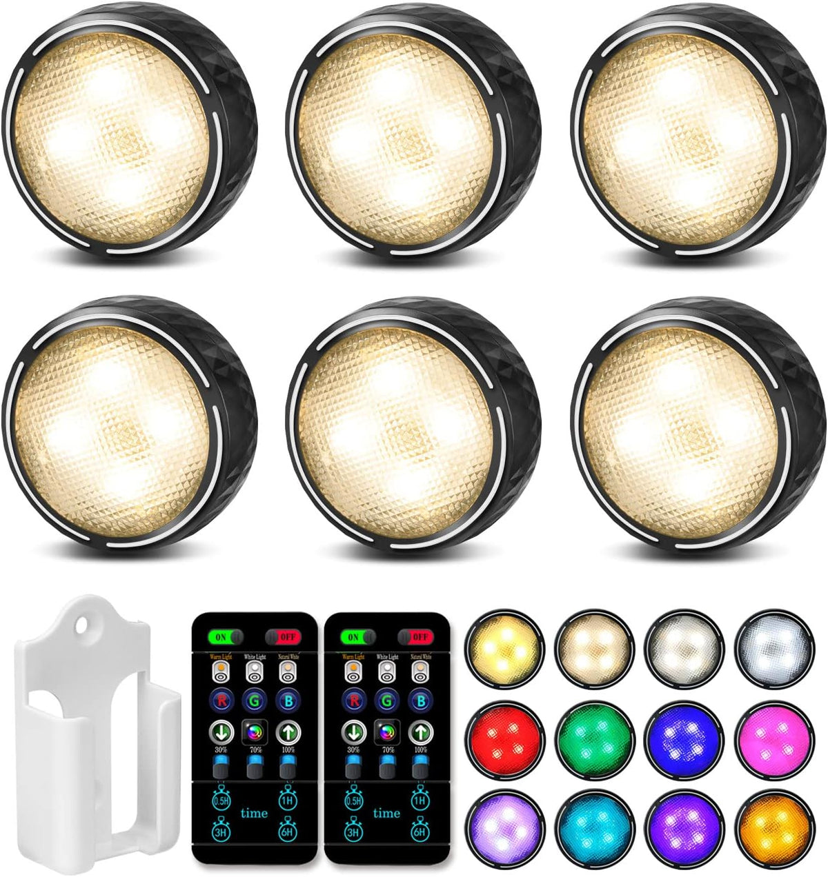 Onumii Under Cupboard Kitchen Lights Battery Operated LED Under Cabinet Lighting, Stick on Wardrobe Lights Under Counter with Remote Control, RGB Puck Light, 6 Pack - Black