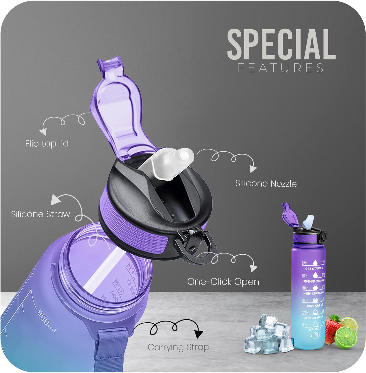 Roe Tenpo Sports Water Bottle with Straw and Time Marking, and 32OZ Capacity - Motivational and Eco-Friendly BPA-Free Bottle for Running, Gym, Yoga, Outdoors, and Camping (Style-1, Black)