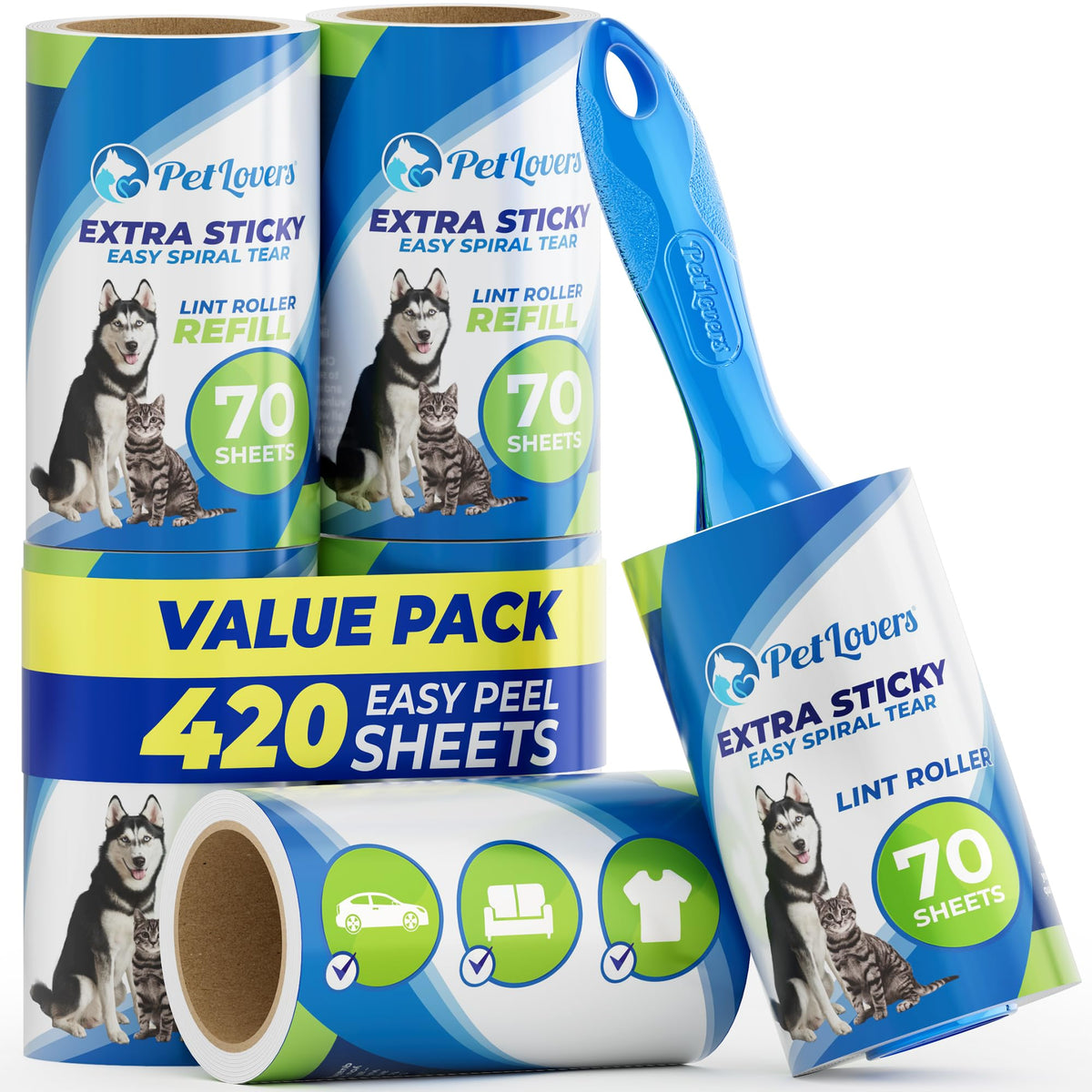 PetLovers Extra Sticky Lint Roller Mega Value Set 450 Sheets for Pet Hair Removal Dog and Cat Lint Remover 5 Pack
