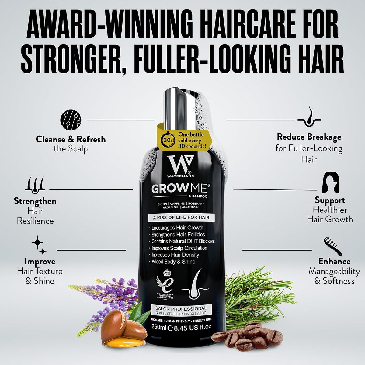 Watermans Grow Me® Hair Growth Shampoo - Not just a Caffeine Shampoo we include Biotin, Argan Oil, Rosemary, Niacinamide. Hair Thickening Treatment for Women & Men with progressed thinning.