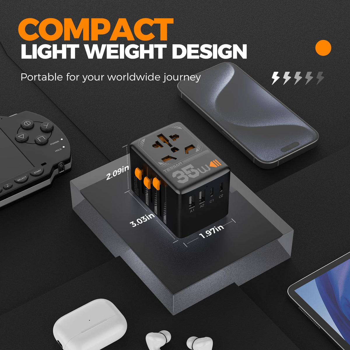 TESSAN Universal Travel Adapter Worldwide with 2 USB C and 2 USB A Ports