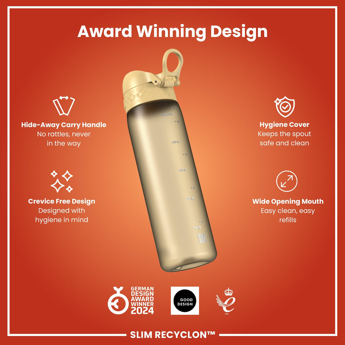 Ion8 Water Bottle, 500 ml/18 oz, Leak Proof, Easy to Open, Secure Lock, Dishwasher Safe, Hygienic Flip Cover, Carry Handle, Fits Cup Holders, Easy Clean, Hot Pink