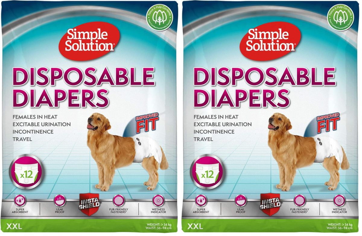 Simple Solution Disposable Dog Diapers for Female Dogs, Super Absorbent Leak-Proof Fit with Wetness Indicator for Excitable Urination, Incontinence or Females in Heat - 12 Pack