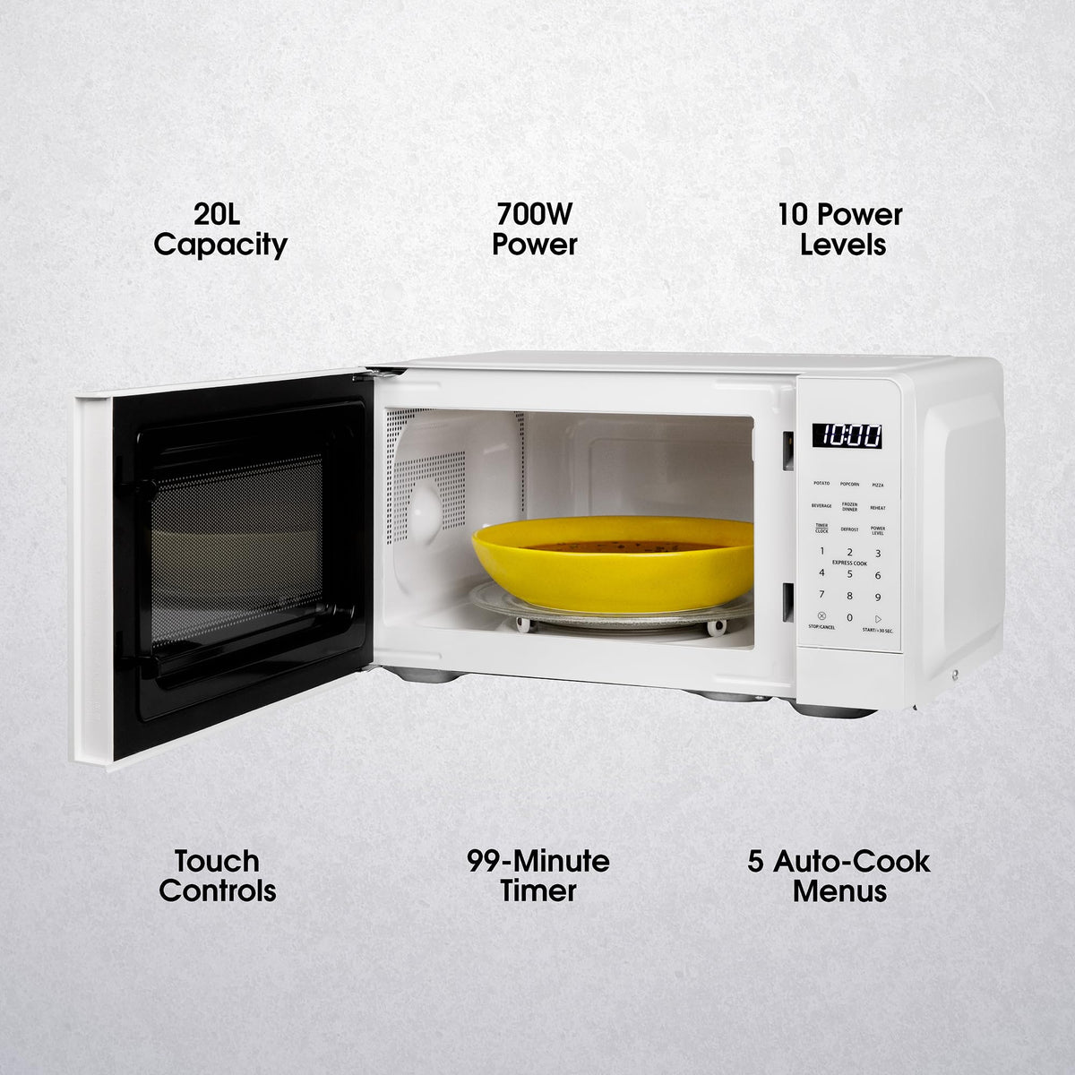 Abode Touch Control Microwave 20 Litre Black Digital 700W with Clock & Timer, 5 Auto Cook Settings & Defrost, 10 Power Levels AMT2012B (Touch Control, Silver)
