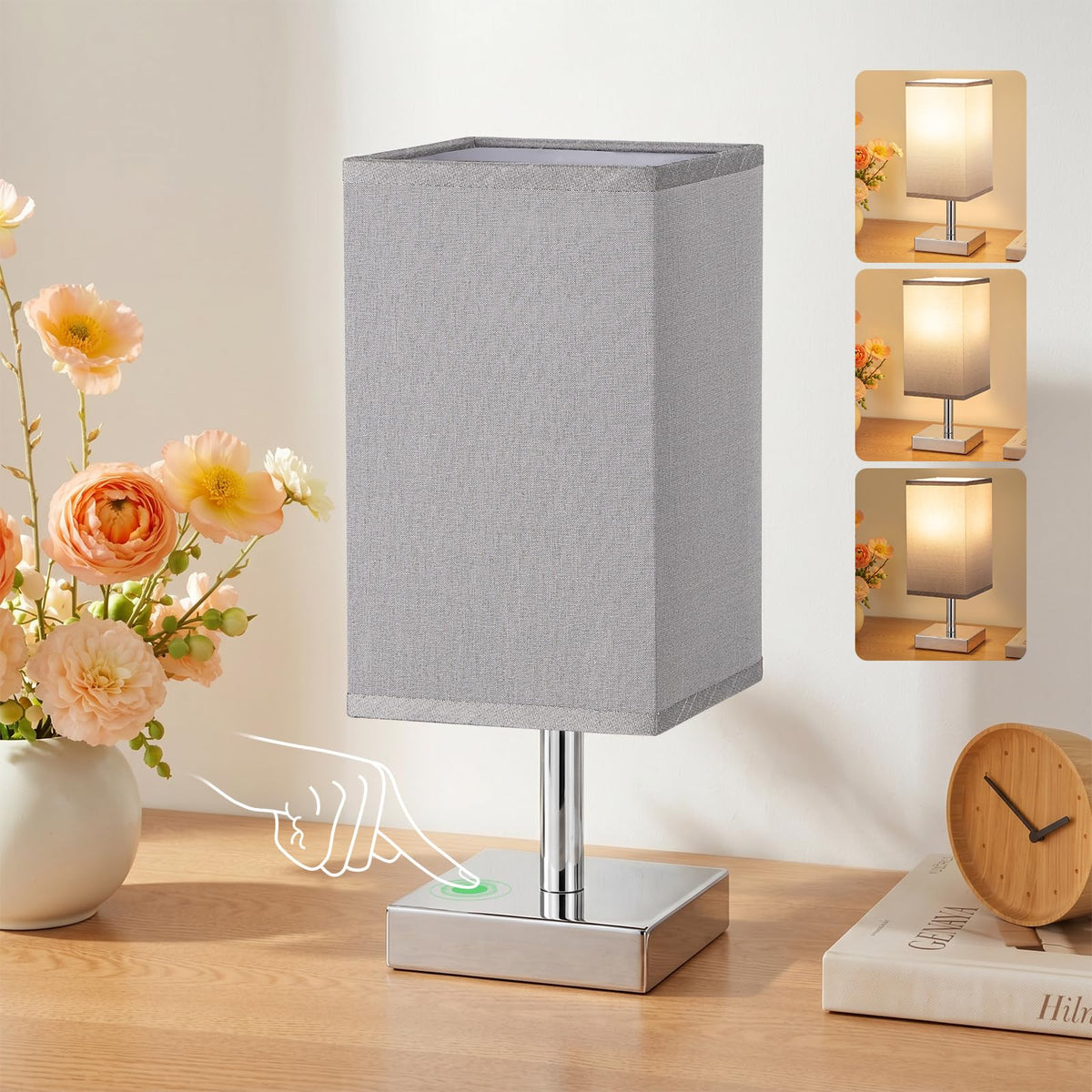 White Table Lamp for Bedroom, Small Bed Lamp with for Bedroom, Silver Base(Bulb Included)