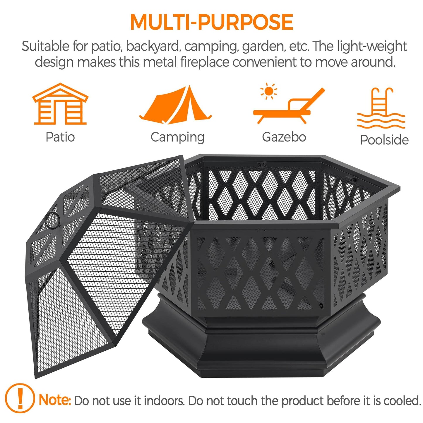 Yaheetech Fire Pit Heavy Duty Fire Bowl Large Fire Pit with Mesh Poker for Outside Patio Heater/Camping Bonfire/Garden/Backyard/Poolside, Hexagon Shaped, Black