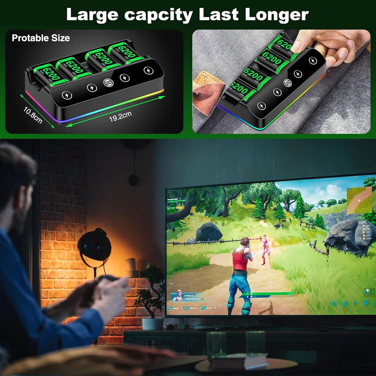 Rechargeable Battery Pack for Xbox One/Series Controller, 4x6200mWh Battery Pack with Charger/Cooling RGB/25H Playtime, Compatible with Xbox One/S/X/Elite 1, Series S/X Controller
