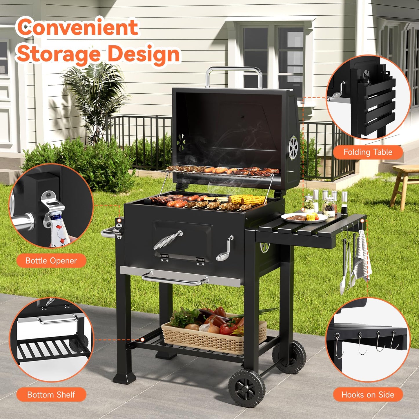 XXXL Smoker Charcoal BBQ, Portable Barbecue Grill with Wheel & 2 Folding Table, Thermometer & Adjustable Charcoal Pan, Large Outdoor BBQ Grill Smoker for Patio Home Garden Cooking
