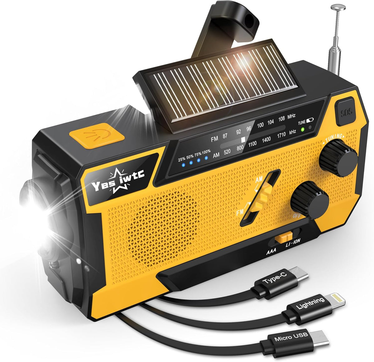 Wind Up Solar Radio, 7400mWh (2000mAh) Solar Powered Radio Emergency Hand Crank Radio with 3 Built-in Cables, Battery Operated, SOS Alarm & Flashlight, Emergency wind up torch for Hurricane, Emergency