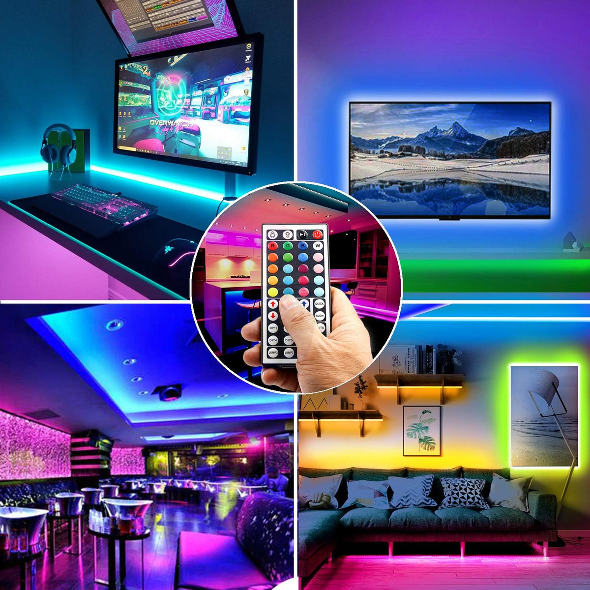 phopollo 5m RGB LED Strip Lights with Remote for Bedroom, Party.24V 5050 RGB, 44-Key Remote, Flexible Adhesive, Bedroom/Party Use
