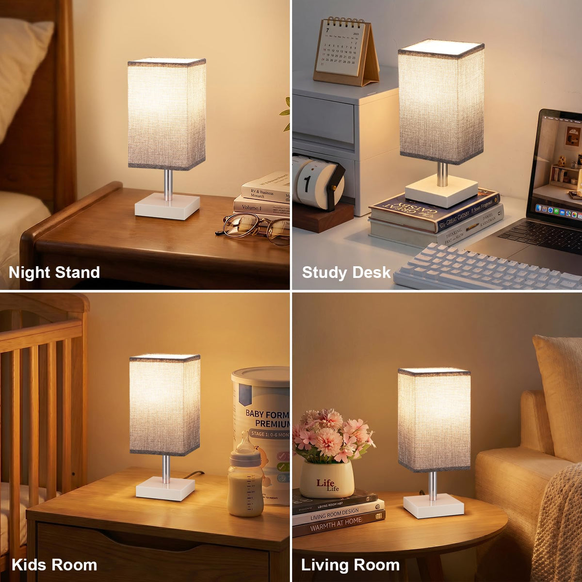 White Table Lamp for Bedroom, Small Bed Lamp with for Bedroom, Silver Base(Bulb Included)