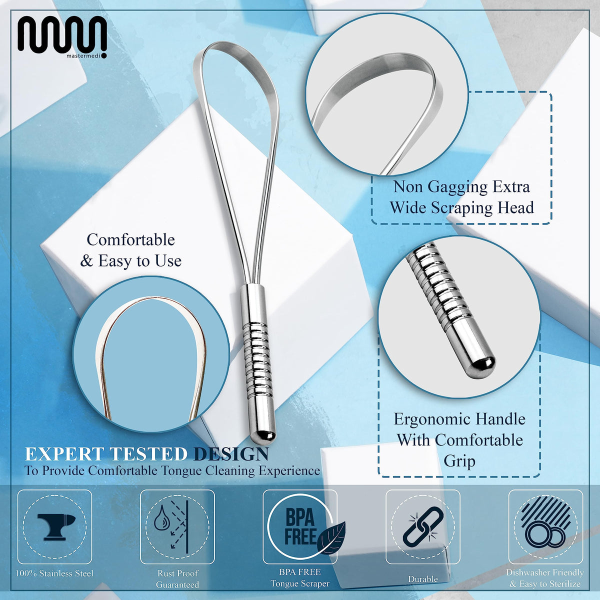 MasterMedi Tongue Scraper with Travel Case 1 Pack, Bad Breath Treatment Tongue Scraper for Adults & Kids, Stainless Steel Metal Tongue Scraper, Easy to Use Tongue Cleaner for Hygiene and Self Care