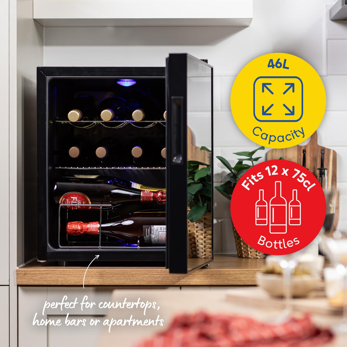 Russell Hobbs 20 Bottle 62L Mirrored Door Wine Cooler Freestanding Beverage Drinks Fridge, LED Light with Touch Control, Digital Display, Adjustable Shelves, Glass Door RH20WC201MR