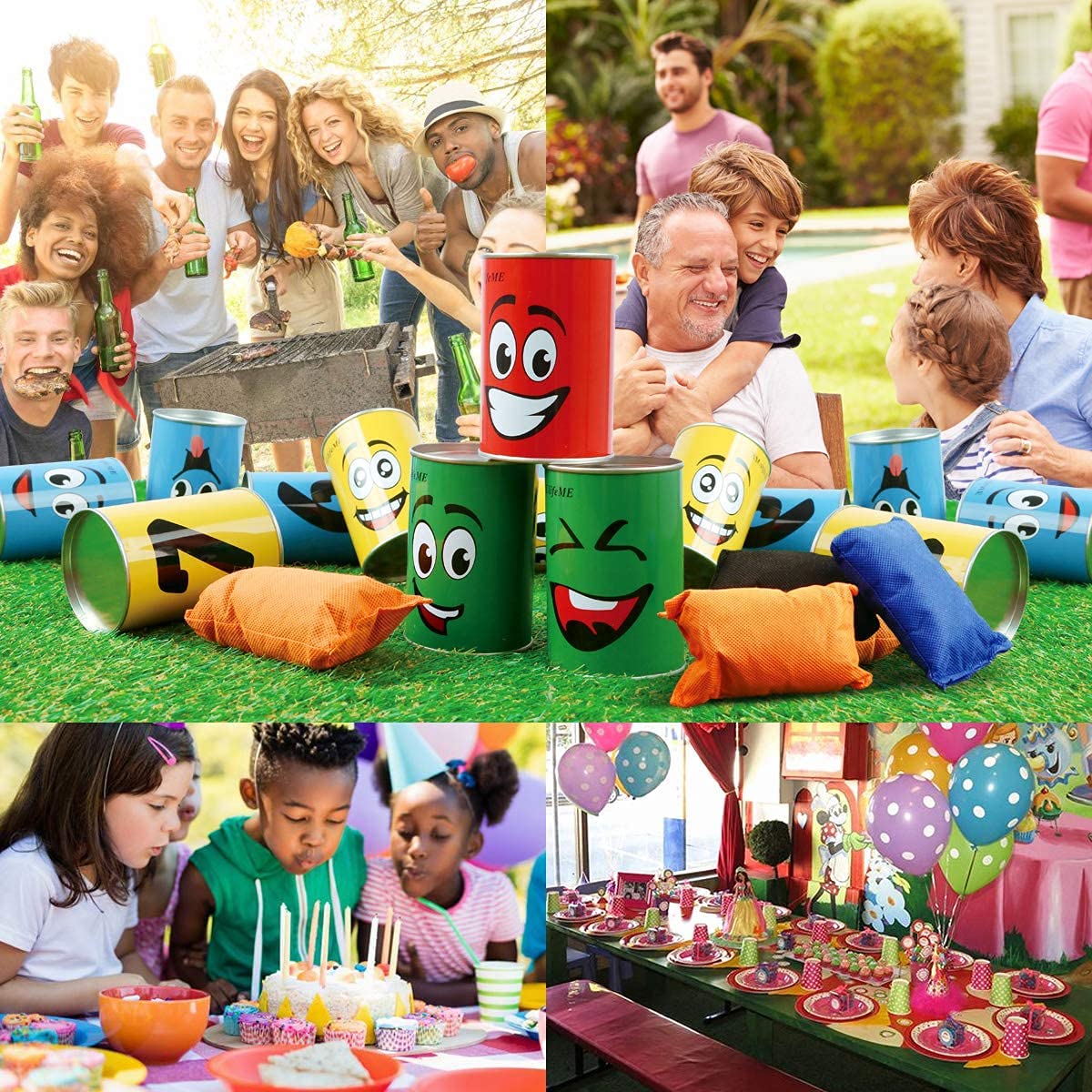 Tin Can Alley Game, Outdoor Garden Target Shooting Fairground Games for Kids & Children, Garden Party Toys Gift for Boys & Girls: 10pcs Fun Smile Knock Down Tin Cans and 3pcs Beanbags