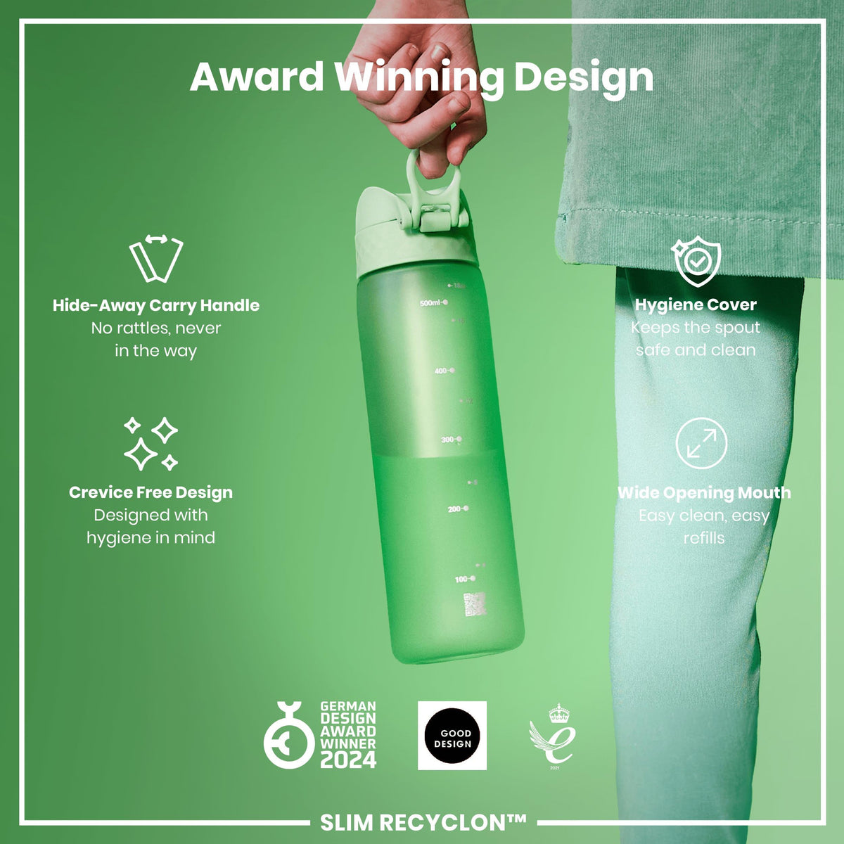 Ion8 Water Bottle, 500 ml/18 oz, Leak Proof, Easy to Open, Secure Lock, Dishwasher Safe, Hygienic Flip Cover, Carry Handle, Fits Cup Holders, Easy Clean, Hot Pink