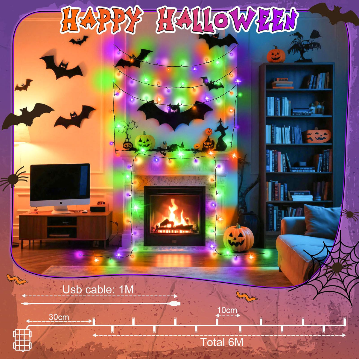 cshare Halloween Decorations Fairy Lights, 20Ft 60LED Orange-Purple USB/Battery String Lights with Timer Waterproof for Outdoor Indoor Autumn Fall Halloween Decorations-Green Wire