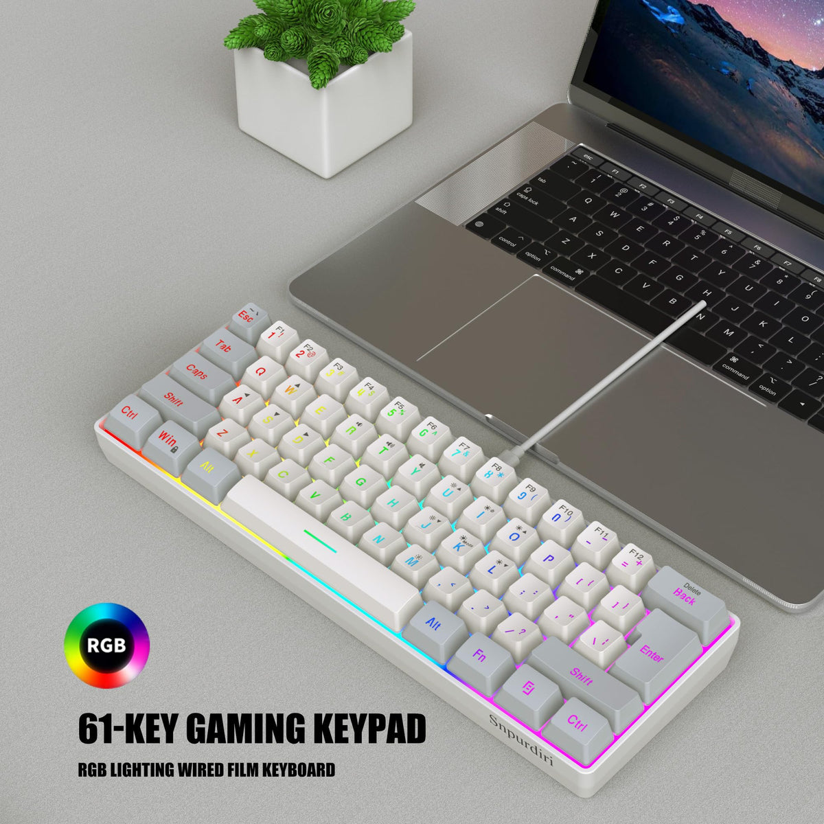 Snpurdiri Wired Mechanical Gaming Keyboard, 60% Size, LED Backlight, 61 Keys, Small Wired Office Keyboard for Windows Laptop/PC, Mac (Black-Red, Blue Switches)