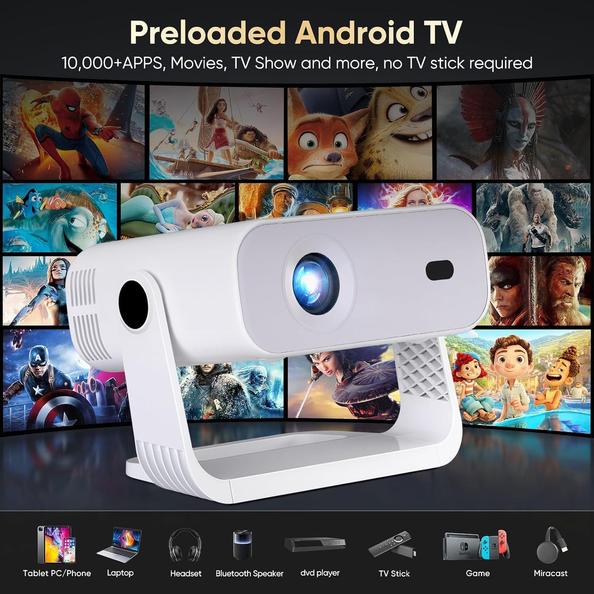 2026 New Smart Projector Built-in Apps Android 14 Native 1080P 4K Supported