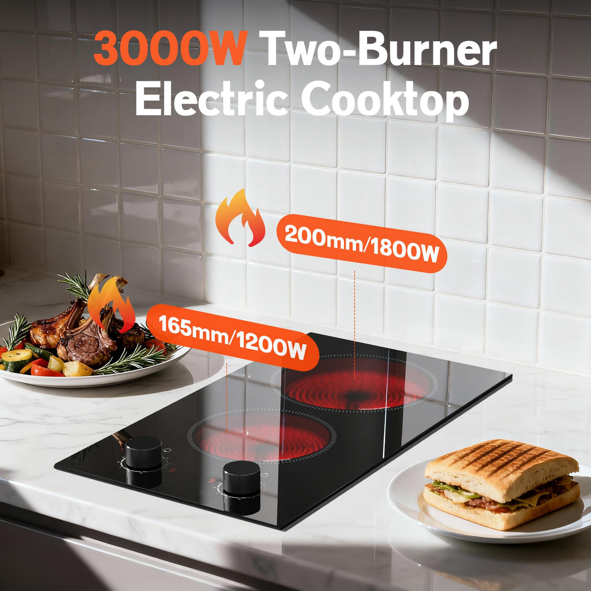 Double Ceramic Hob with Handle, Plug in 2 Ring Electric Hob