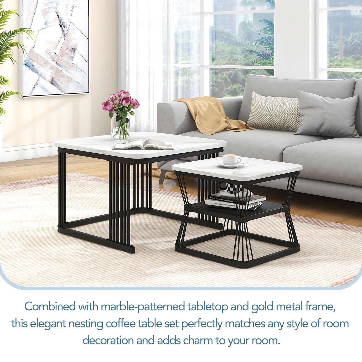 ModernLuxe 2-in-1 Coffee Table, Multi-functional Side Table with Marble Grain Veneer Top, Rattan Drawers, Solid Wood Handles, Gold Coloured Iron Legs, Round Nest of Tables for Living Room, Black
