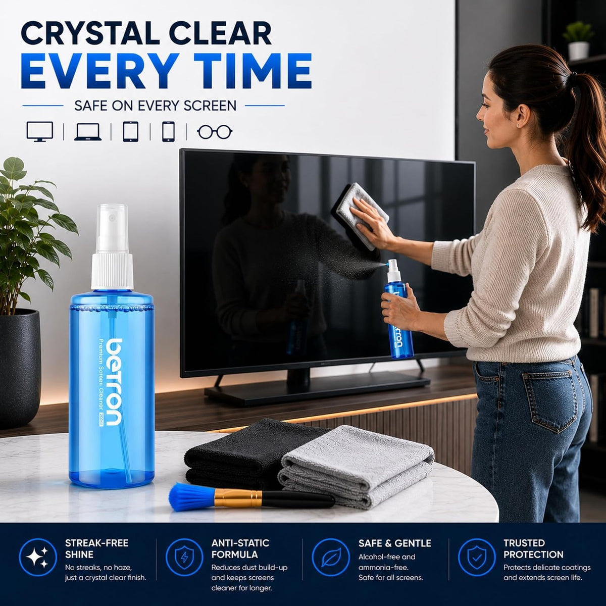 Betron Screen Cleaner Spray Kit with Cloth for TV, Laptop, Monitor, 200ml